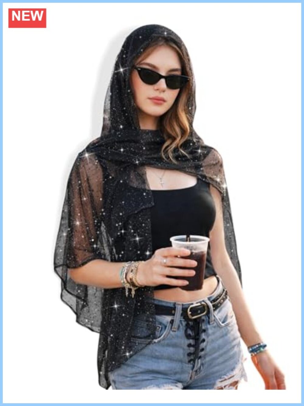Sheer Sequin Shawl Wrap Scarf for Women Rave Head Wrap Cover-Up